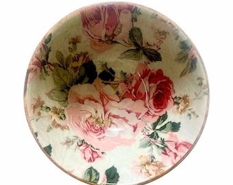Mango Wood Rose Printed Salad Bowl - Handmade Wooden Serving Bowl - Fruit Bowl with Matching Serving Spoons