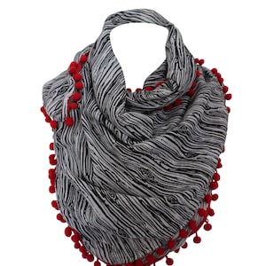 Floral Cotton Scarf - Printed Cotton Scarf with Pompoms - Summer Beach Scarf -  Gift for Her - EOFY Sale