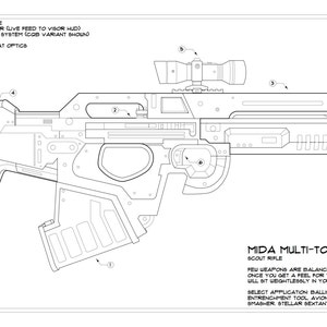 May include: A line drawing of a futuristic rifle called the "MIDA MULTI-TOOL" with the text "SCOUT RIFLE" below it. The rifle has a scope on top and a magazine on the bottom. The text below the rifle reads: "Few weapons are balanced this precisely. Once you get a feel for the multi-tool it will bit weightlessly in your hand. Select application ballistic engagement. Entrenchment tool avionics trail troll smasher stellar sextant. List continues."