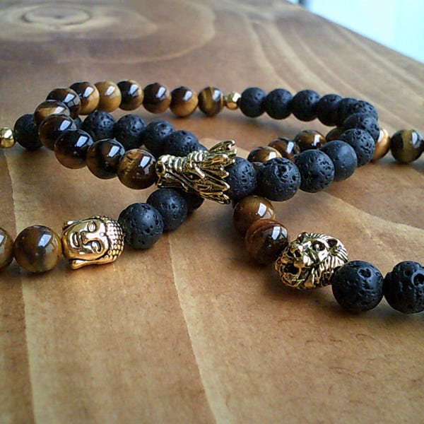 Natural Healing Lava & Tiger Eye Bead Bracelet, Jewelry, Gemstone Beaded Bracelet Jewellery, Dragon Buddha Lion Bracelet UK