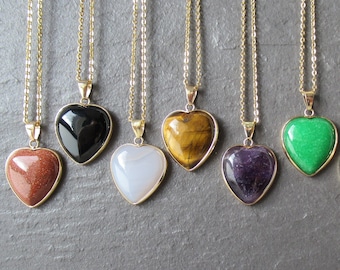 Gemstone Heart Pendant Gold Necklace: Healing Crystal Jewelry