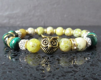 African Turquoise Owl Bracelet – Unisex Gemstone Jewelry Gift, Green Yellow Beaded Stone Bracelet