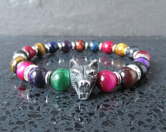Kleurrijke armband wolfskop – gemengde edelsteenkralen, totemdierensieraden voor dames en meisjes