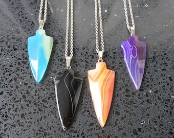 Stripped Agate Arrowhead Pendant Necklace - Silver Chain Jewelry