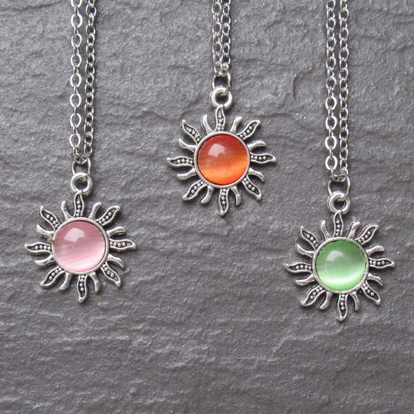 Silver Sun Charm Necklace, Chain Sun Necklace, Sun Pendant Chain Necklace, Silver Crystal cats eye Stone Celestial Gifts for Her UK