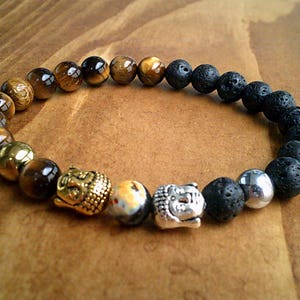 Double Buddha Head Bracelet, Natural Healing Lava & Tiger Eye Bead Bracelet, Jewelry, Gemstone Beaded Bracelet Jewellery Natural Healing