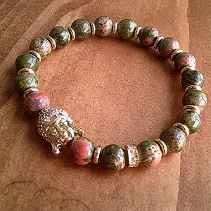 Pulsera Mala de piedra preciosa de unakita: amuleto de Buda, cuentas de cristal curativas, regalo de joyería de yoga bohemia