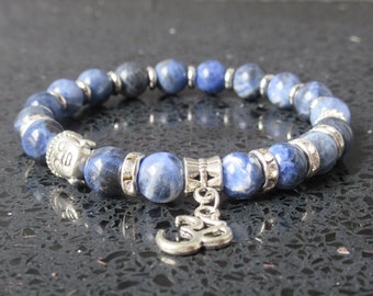 Sodalite Buddha OM Bracelet – Gemstone Mala Beads, Spiritual Jewelry Gift for Meditation & Positivity