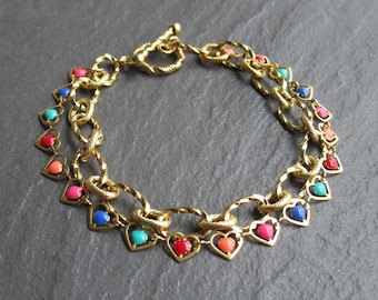 Gold Plated Chain Bracelet: Enamel Hearts, Stainless Steel Toggle Clasp