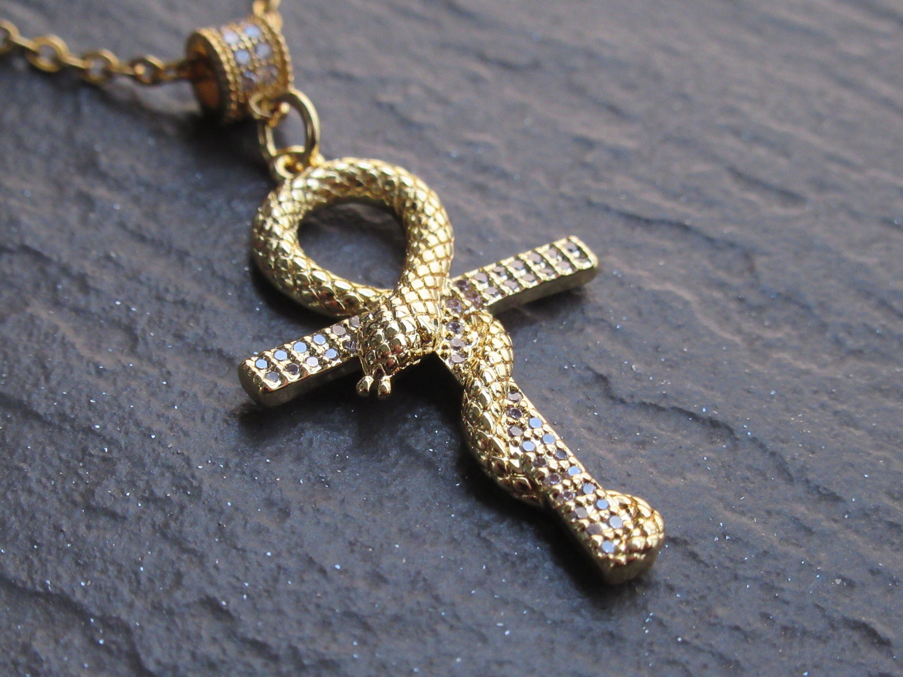 Gold CZ Paved Egyptian Snake Ankh Cross Pendant Necklace Ancient