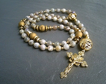 Labradorite Gemstone Rosary: Five Decade Catholic Prayer Beads with Crucifix