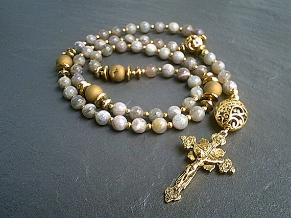 Labradorite Gemstone Rosary: Five Decade Catholic Prayer Beads with Crucifix