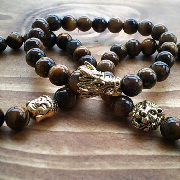Gemstone Bracelet, Stretch Tiger Eye Gemstone Bracelet, Buddha bracelet, Yoga Bracelet, Beaded Bracelet, Dragon Bracelet, Lion Bracelet