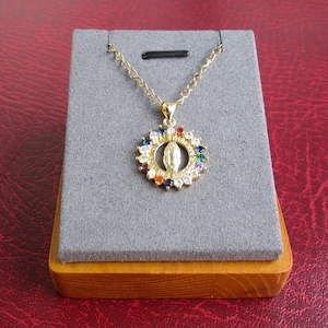 Saint Mary Gold Zircon Stone Pendant Necklace • Catholic Christian Stone Gold Chain jewellery • Religious Virgin Mary Necklaces UK