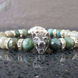 Wolf Head Stone Bracelet Animal Totem Gemstone Jewelry Mens Womens Labradorite stone Beaded Wolves Bracelet Gifts UK