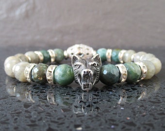 Labradorite Stone Wolf Head Bracelet: Stainless Steel Animal Totem Jewelry