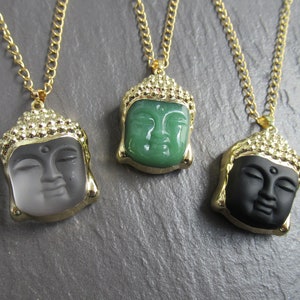 Natural Stone Jade Crystal Obsidian Pendant Necklace, Buddhism Religious Chain Mens Womens Jewelry, Buddha Head Jewellery UK 14&quot;-24&quot;
