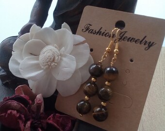 Tiger Eye Gemstone Drop Earrings: Gold Plated Boho Jewelry