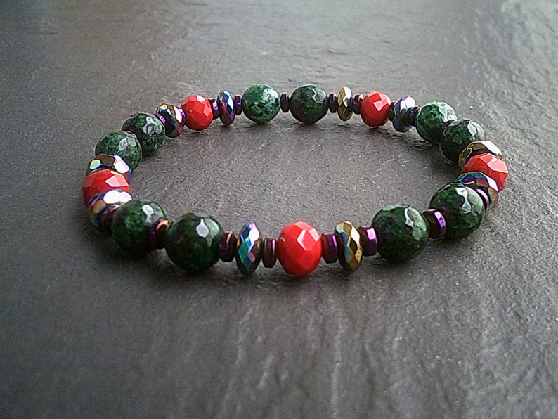 Faceted Ruby Zoisite /& Hematite Beaded Bracelet Gift Ladies Women Natural Healing His Her Bracelets UK Mixed Bead Luxury Bracelets