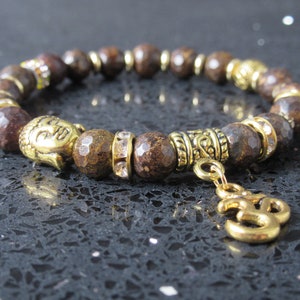 Pulsera OM con cabeza de Buda de oro Pulsera con cuentas de piedra de brozite • Joyería Mala con cuentas de Buda • Pulsera de positividad para hombres y mujeres Reino Unido