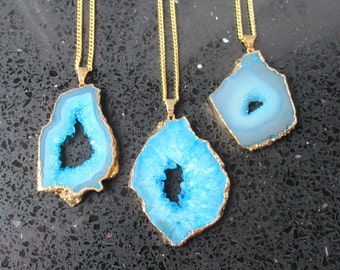 Blue Agate Geode Slice Pendant: Gold Healing Stone Necklace