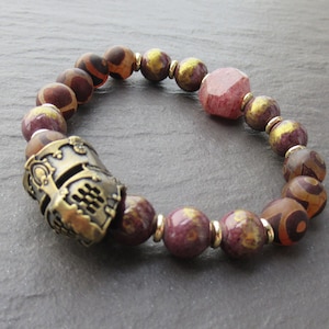 Mens Bronze Knights Helmet Bracelet / Brown-Red Chalcedony 10mm Stone Beads with Real Gold Leaf / Mens Jewellery / Medieval Theme Bracelet