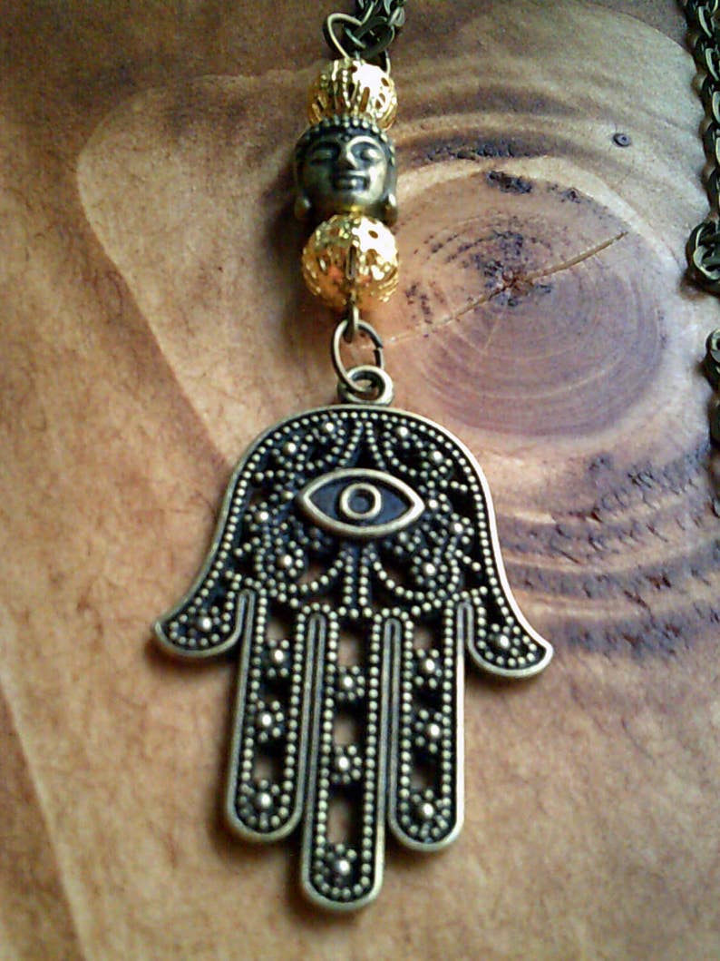 Bronze Buddhism Necklace Hamsa Hand & Buddha Charm Chain | Etsy