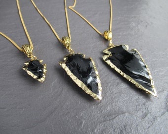 Obsidian Arrowhead Necklace: Raw Black Crystal, Gold Pendant