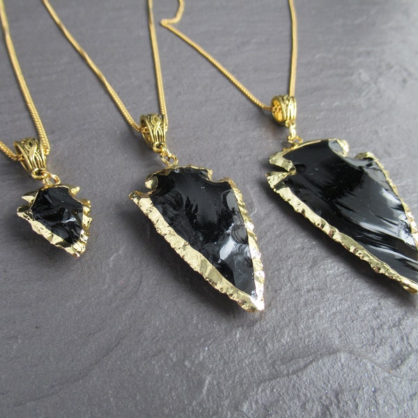 Black Arrowhead Gold Necklace, Obsidian Crystal Healing Protection, Black Gold Gemstone Pendant Necklace, Stone Archer Chain UK