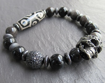 Mens Day of the Dead Steel Gunmetal Black Skull Bracelet / Obsidian Stone Beaded Gift / 9 Eye Ceramic Tibetan Dzi Bead Bracelet UK