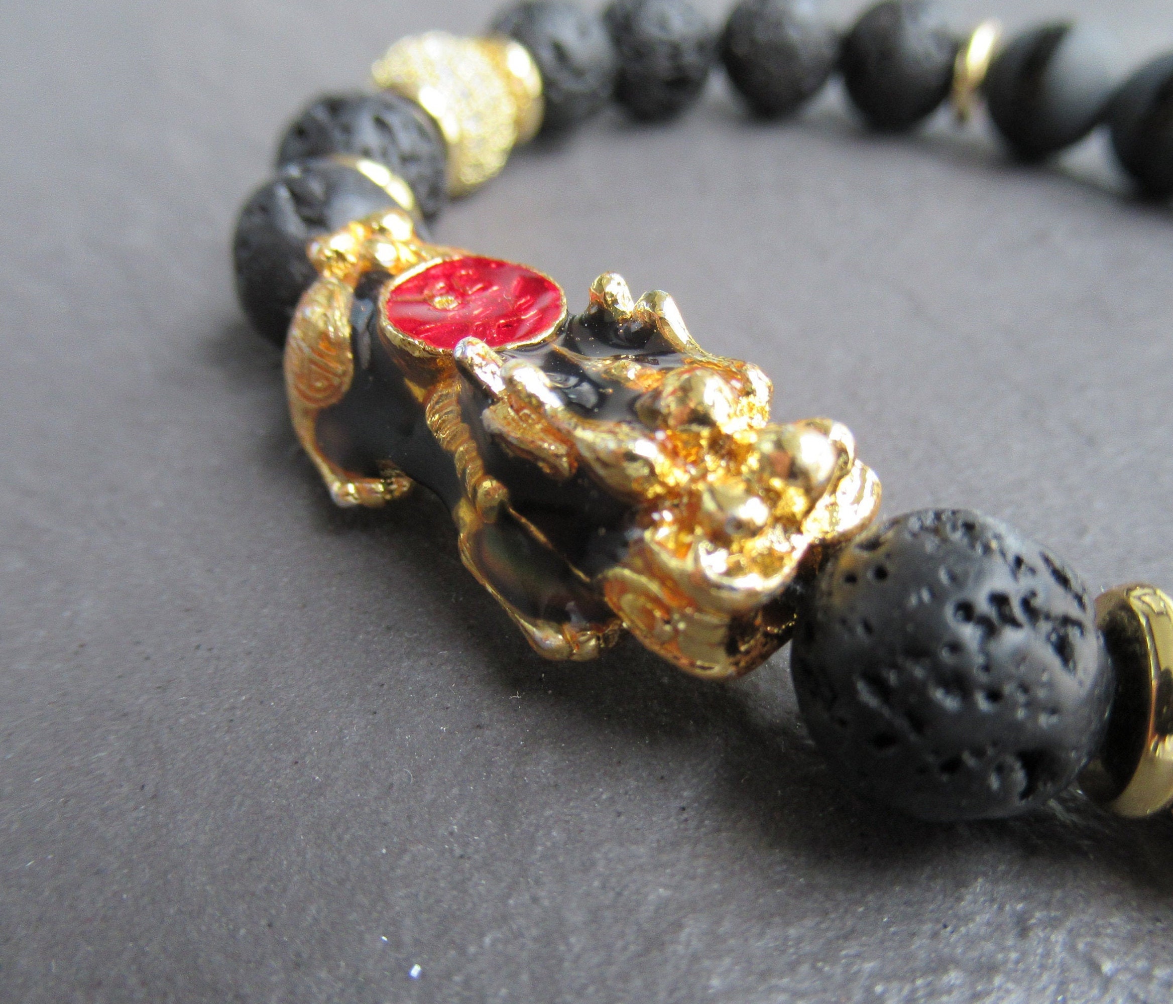 Foo Dog Bracelet: Lava Onyx Gemstone, 9k Gold Plated - Etsy