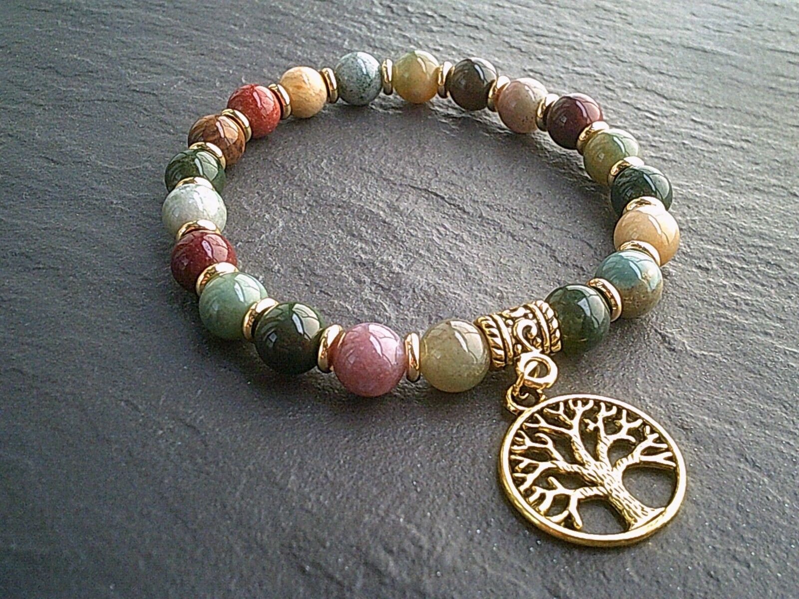 Tree of Life Beaded Indian Agate Bracelet Stretch Bracelet - Etsy UK