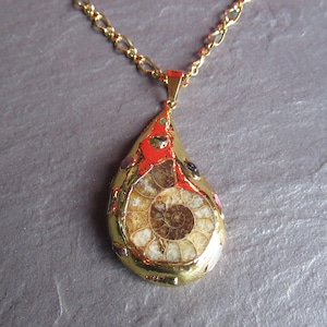 Ammonite Fossil Shell Necklace, Real Ammonite Necklace, Gold Plated Fossil Necklace, Nautical Necklace Jewelry, Marine Jewelry UK