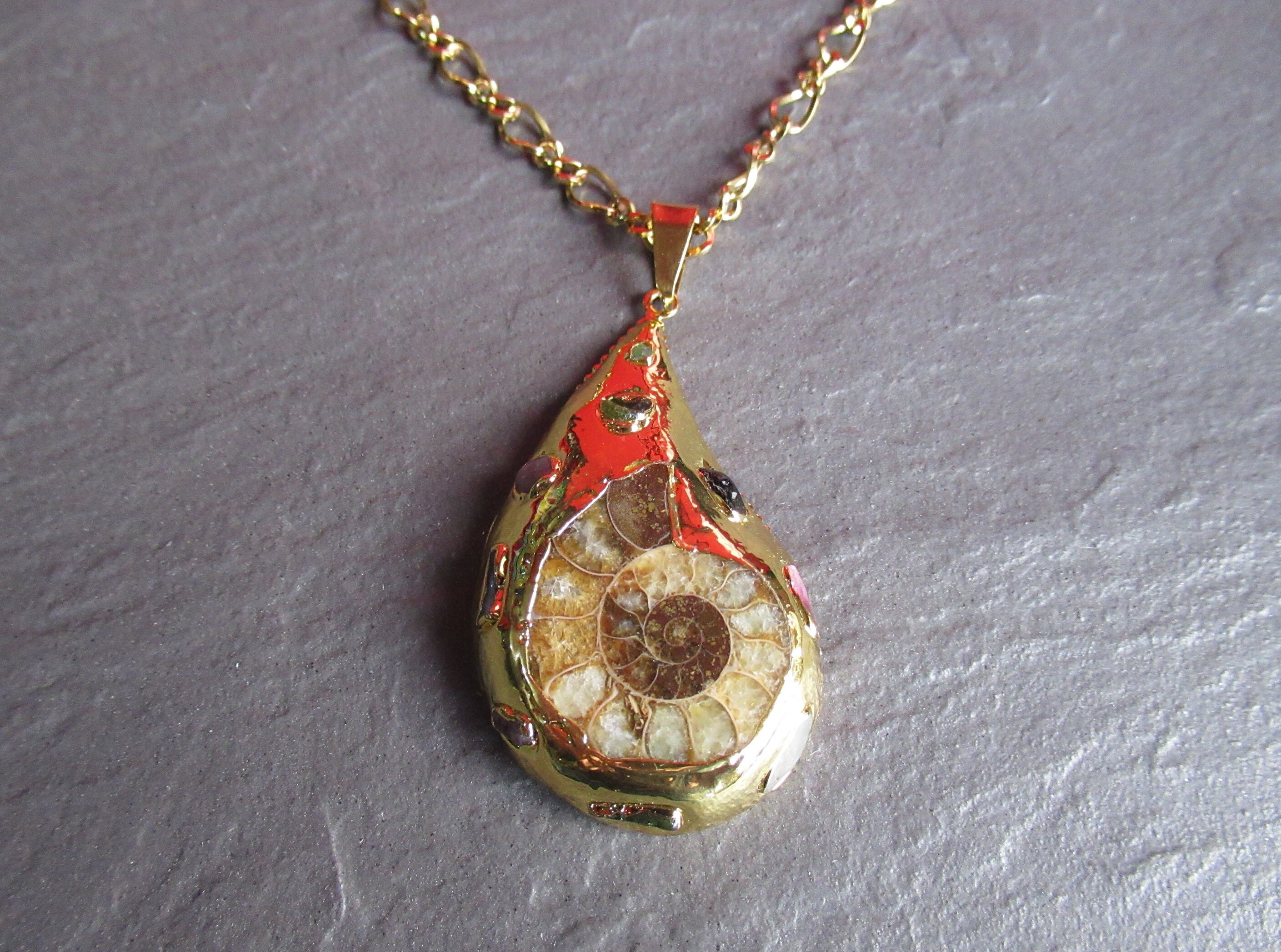 Gold Plated Ammonite Fossil Necklace: Natural Gemstone Pendant