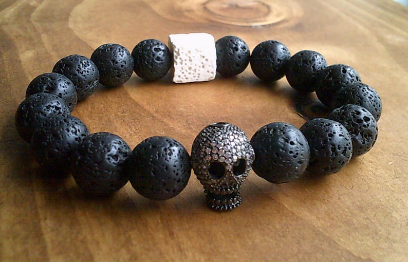 Mens Skull /& Lava Bead Bracelet Paved Skull Bracelet Gemstone bracelet Jewelry for Men Natural Healing Gemstone Jewellery