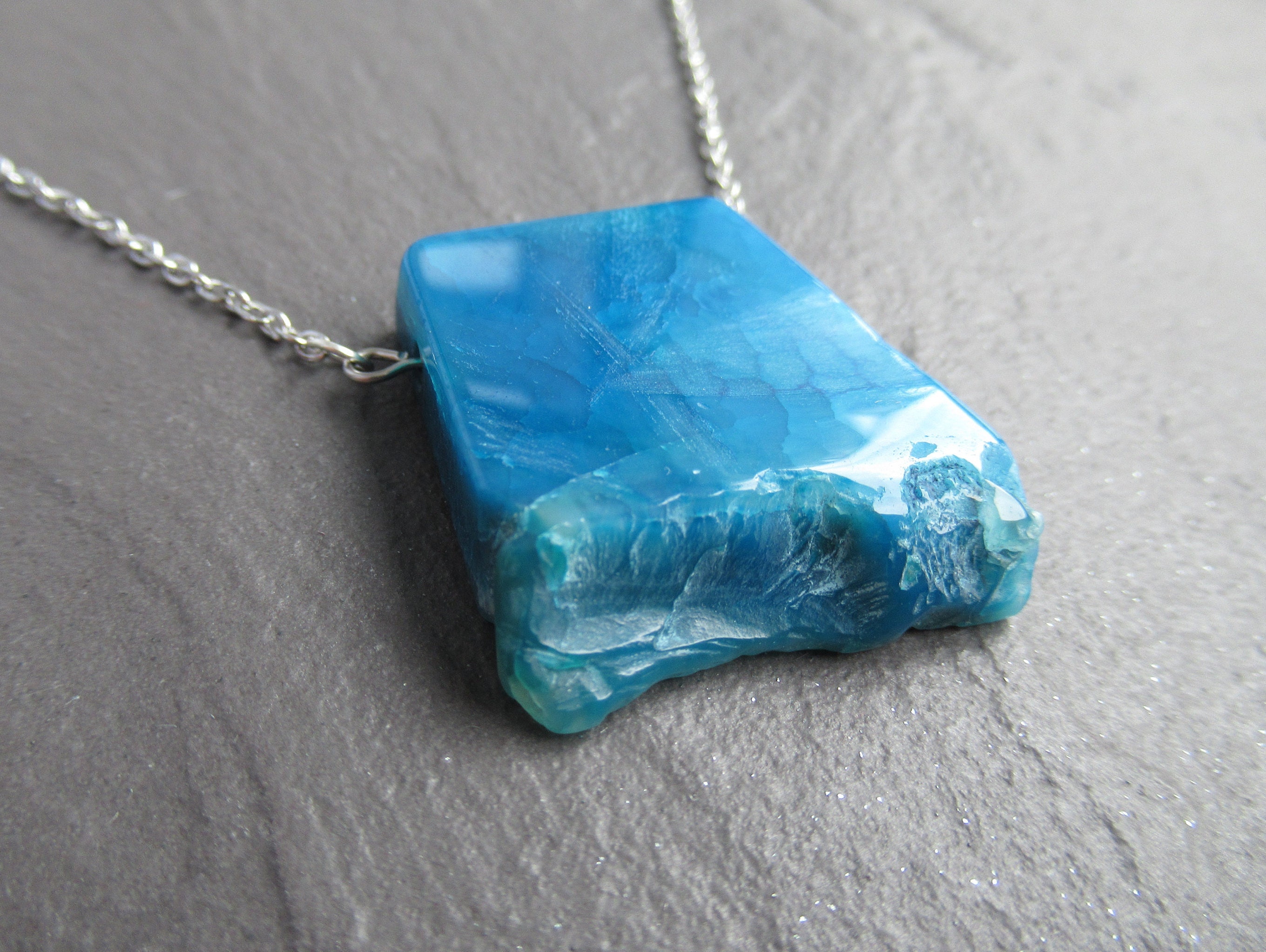 Blue Agate Pendant Necklace: Stainless Steel Chain, Crystal Healing