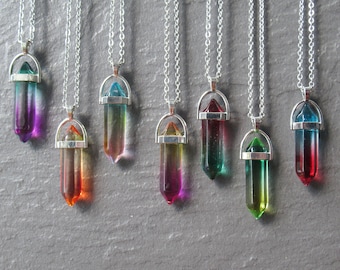 Rainbow Glass Point Pendant Necklace - Silver Chain