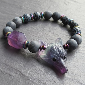 Fluorite Wolf Head Bracelet: Labradorite Amethyst Beaded Jewellery