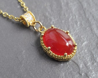 Carnelian Cabochon Pendant Necklace: Gold Bezel, Crystal Hanger