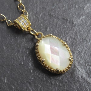 Mother of Pearl Gold Pendant Necklace: Faceted Stone, White Chakra Chain