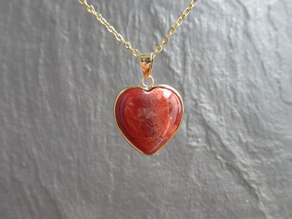 Red Jasper Heart Pendant Gold Chain 