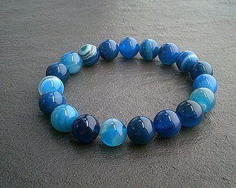 Blue Striped Agate 10mm Gemstone Bracelet Jewellery Natural Healing Stone / Blue Jewelry / Agate Jewellery / chunky bracelets UK