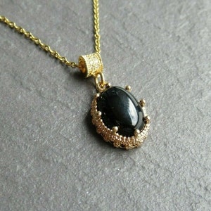 Black Onyx Pendant Necklace, Bezel Cabochon Gold Chain, Boho Crystal Necklace Jewelry, Womens Girls Gemstone Necklace  14"-24" UK