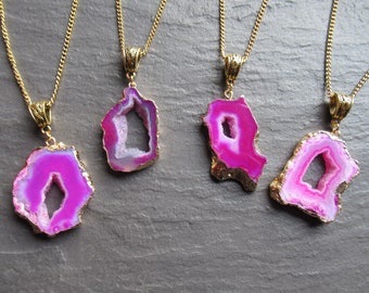 Pink Geode Slice Agate Pendant: Gold Stainless Steel Necklace