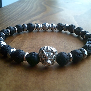Lion Head Lava Bead Bracelet: Hematite Silver Jewelry, Mens Gift