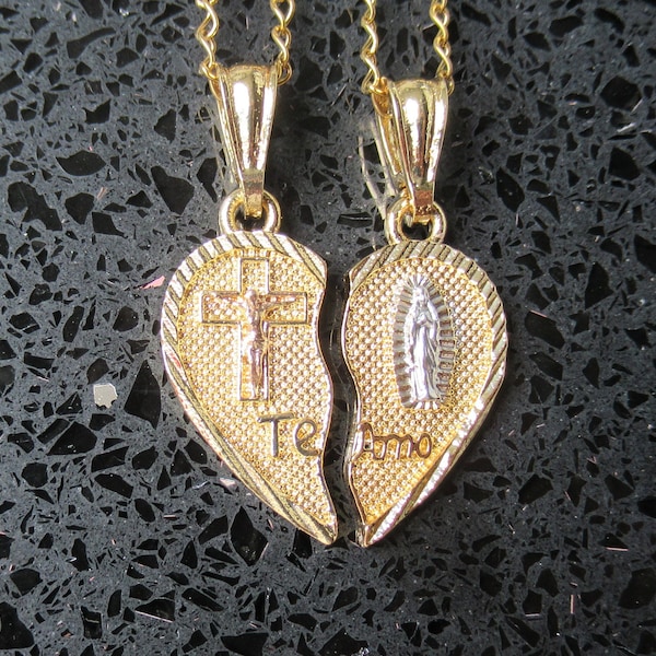 Virgen Mary Heart & Christ “Te Amo” "I Love You" Heart Split Pendant Necklace couples or best friend,  virgencita couple’s necklace PairUk