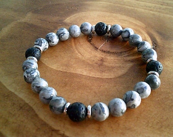 Mens Landscape Jasper Bracelet: Volcanic Lava Stone Jewelry