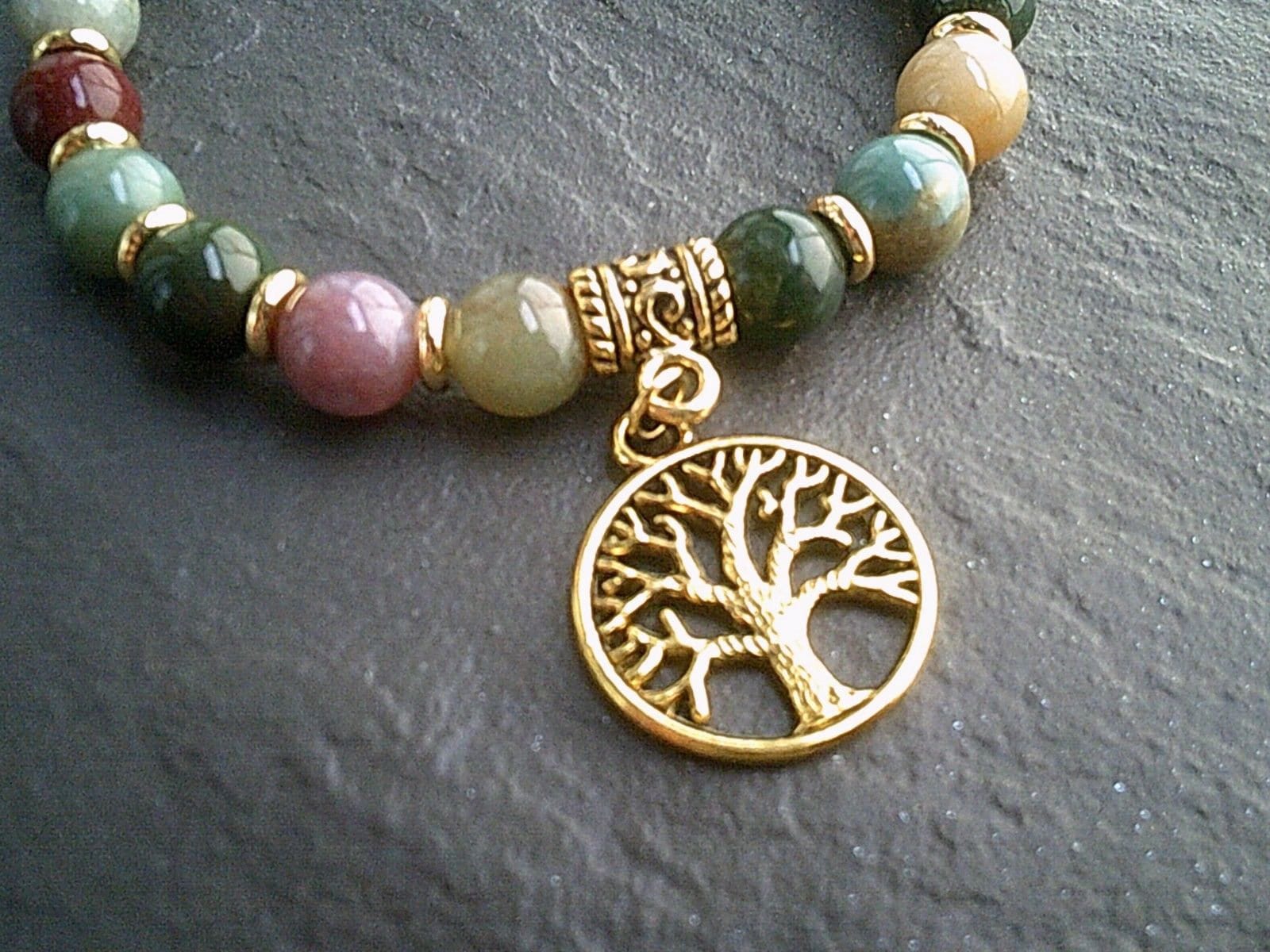 Tree of Life Beaded Indian Agate Bracelet Stretch Bracelet - Etsy UK