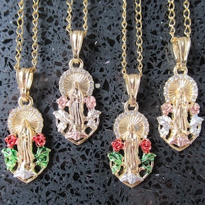 Gold Plated Virgin Mary Pendant Necklace: Enamel & Zircon Saint Jewelry