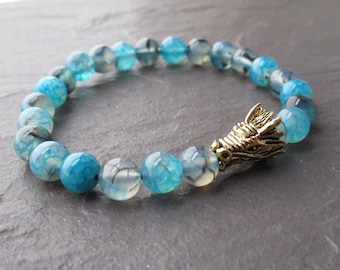 Pulsera de ágata de vena de dragón azul con tótem de dragón
